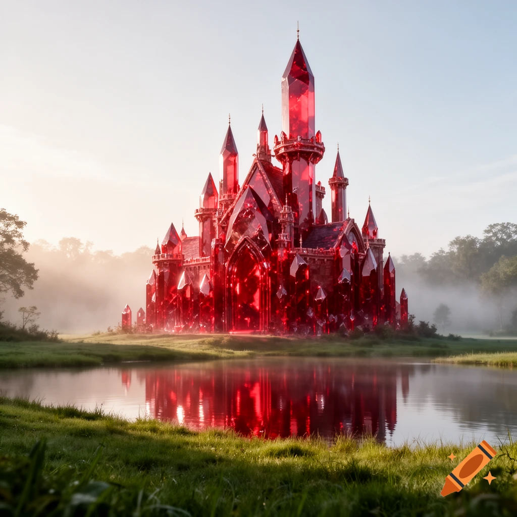 A majestic castle made of sparkling red crystal stands by a reflective ...