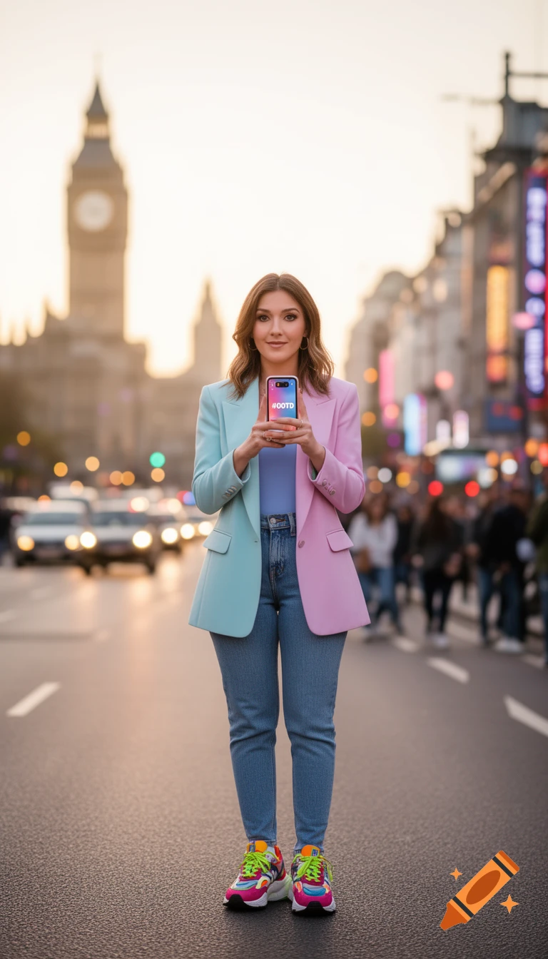 A woman in a split blue and pink blazer, jeans, and colorful sneakers poses in a city street, holding a phone displaying "#OOTD" with Big Ben in the background.