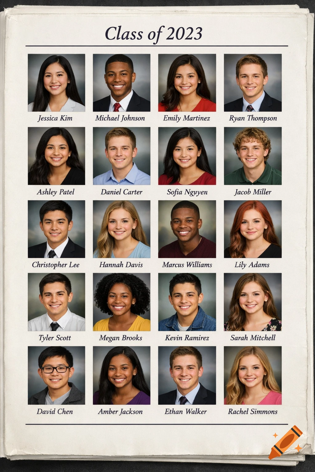 A photorealistic image of a yearbook page from 'Class of 2023', featuring 20 smiling student headshots with their names.