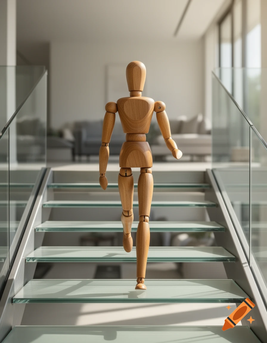 A wooden mannequin climbs modern glass and metal stairs in a brightly lit, minimalist house interior.
