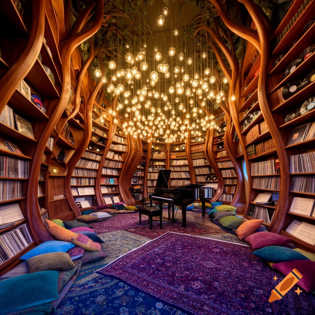 A whimsical music library featuring tree-like wooden bookshelves, a grand piano, colorful floor cushions, and numerous hanging light bulbs.