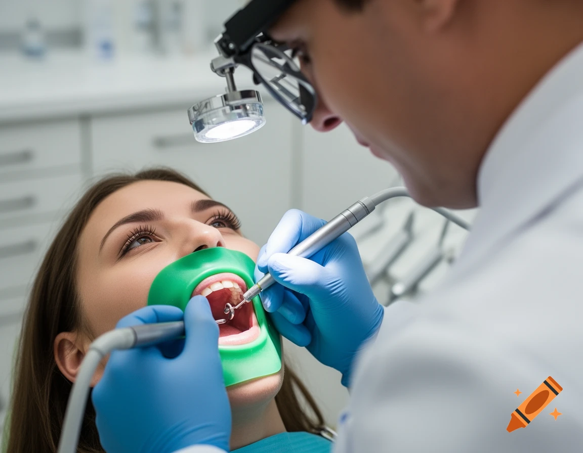 Dentist with blue gloves and headlamp drilling a patient's tooth with a green rubber dam in a dental clinic.