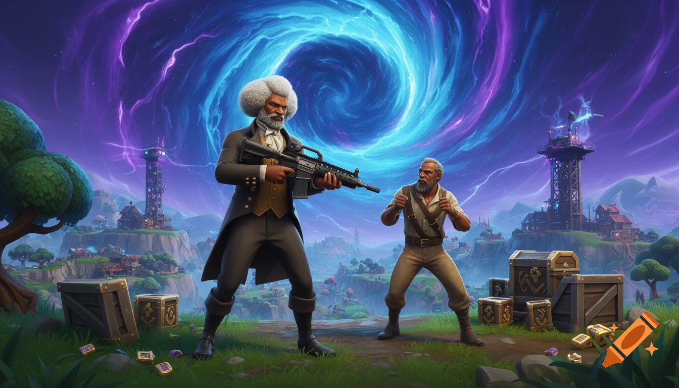 Stylized image of Frederick Douglass holding a rifle, with another bearded man in a Fortnite-like battle royale map under a swirling cosmic storm.