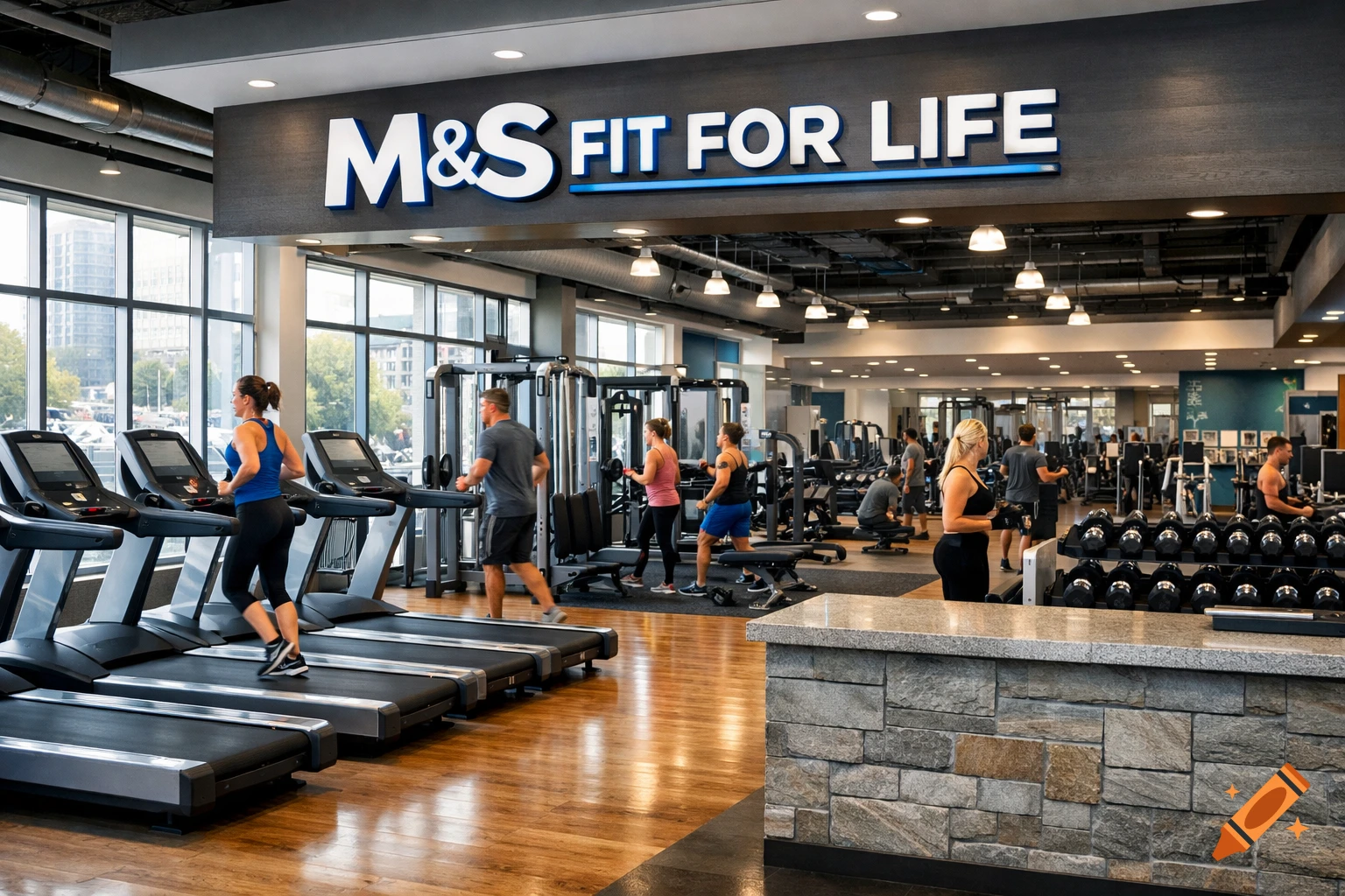A modern gym with people running on treadmills and working out with weights, featuring a prominent 'M&S FIT FOR LIFE' sign.