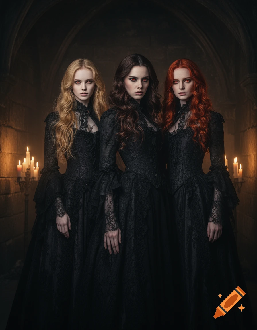Three women with red eyes, blonde, brunette, and red hair, wearing ornate black gothic dresses in a dark, candlelit stone crypt.