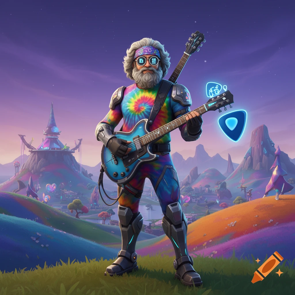 A Fortnite character resembling Jerry Garcia in a tie-dye suit plays a blue electric guitar in a vibrant, fantastical landscape.