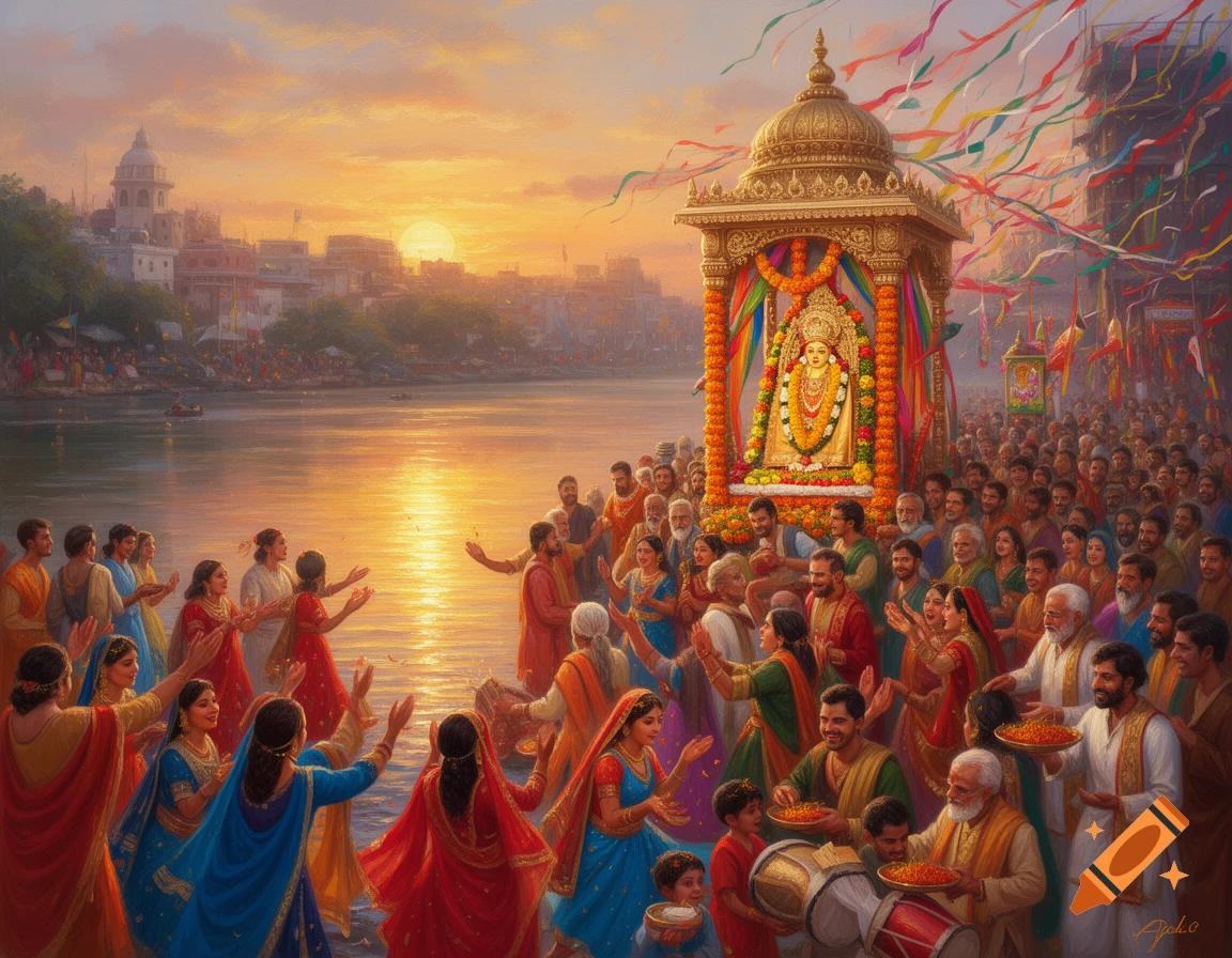Vibrant painting of a large crowd celebrating Chetichand, an Indian festival, by a river at sunset. People are worshipping water, carrying a golden Jhulelal idol in a decorated palanquin, and sharing food.