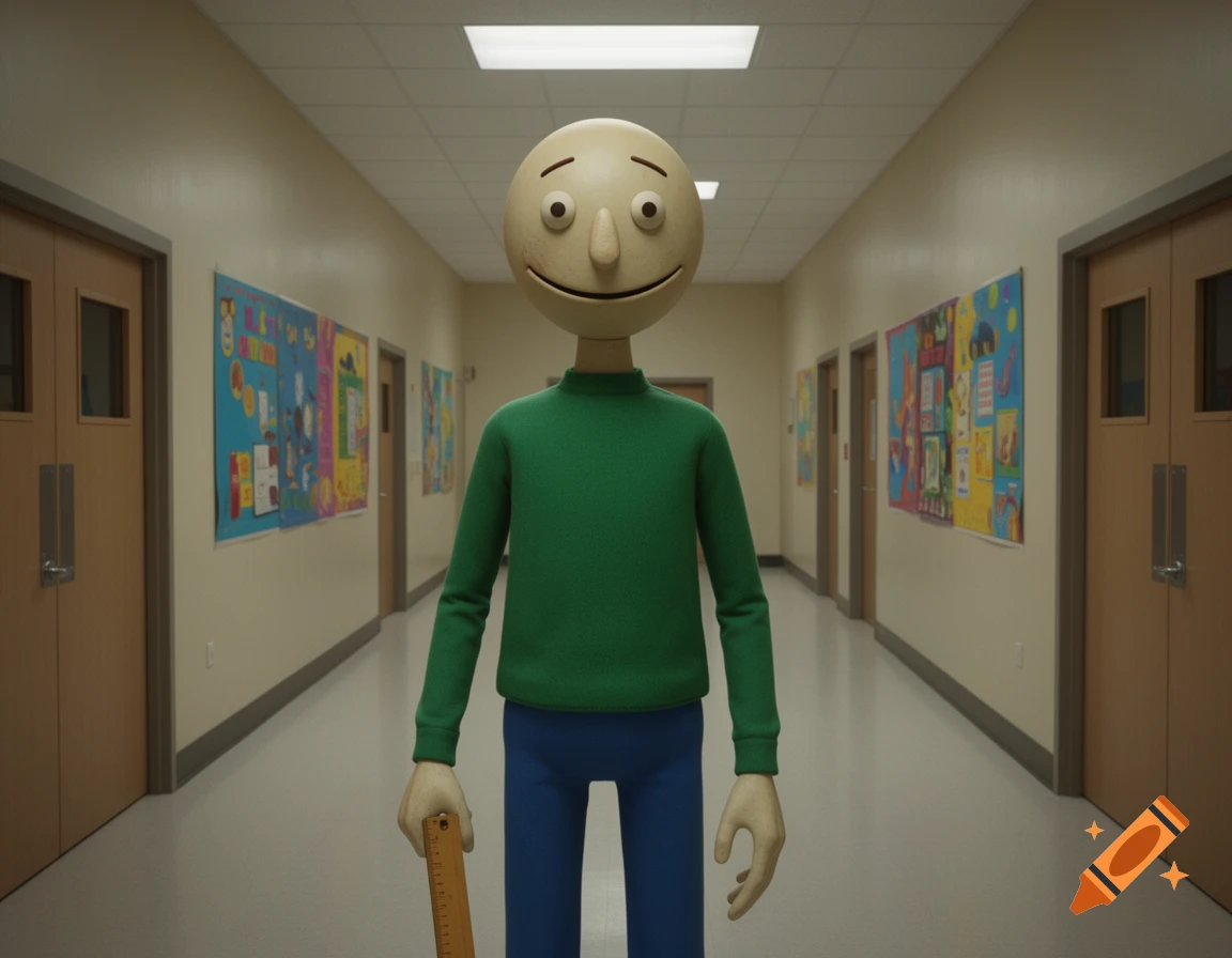 A 3D animated Baldi, a bald character in a green sweater, stands in a ...