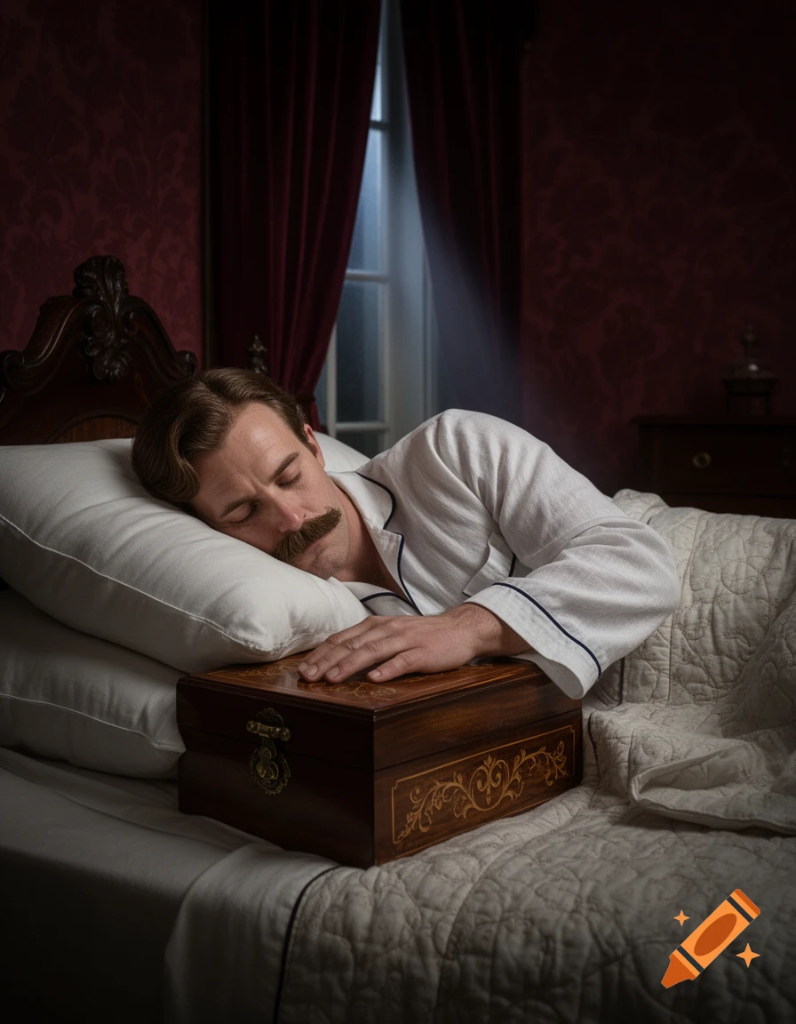 A Victorian man with a mustache sleeps in a dimly lit bedroom, with his hand resting on a decorated wooden box by his head.