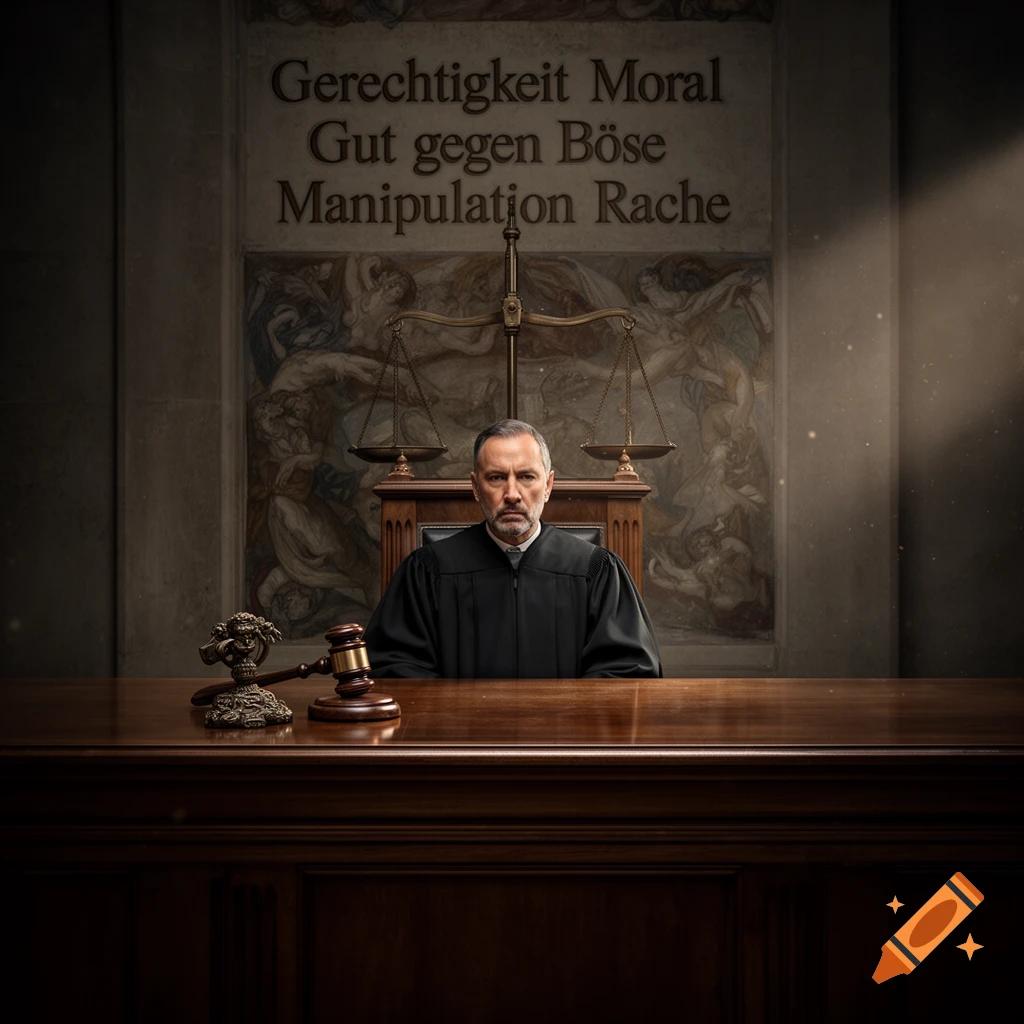 A solemn judge in a black robe behind a wooden desk with a gavel in a dimly lit courtroom, scales of justice, and German text.