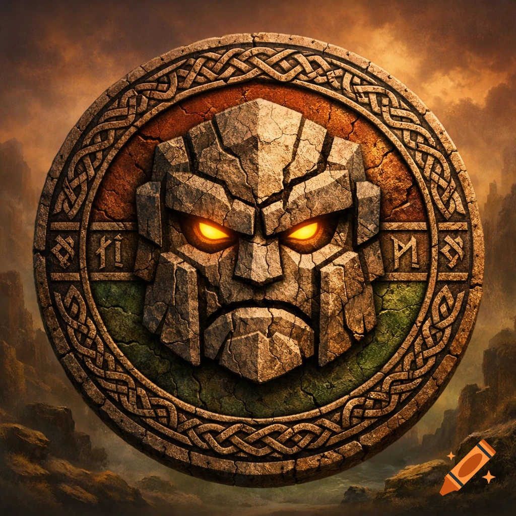 A round stone golem emblem with glowing orange eyes, framed by Celtic knot patterns and runes, set against a stormy, mountainous backdrop.