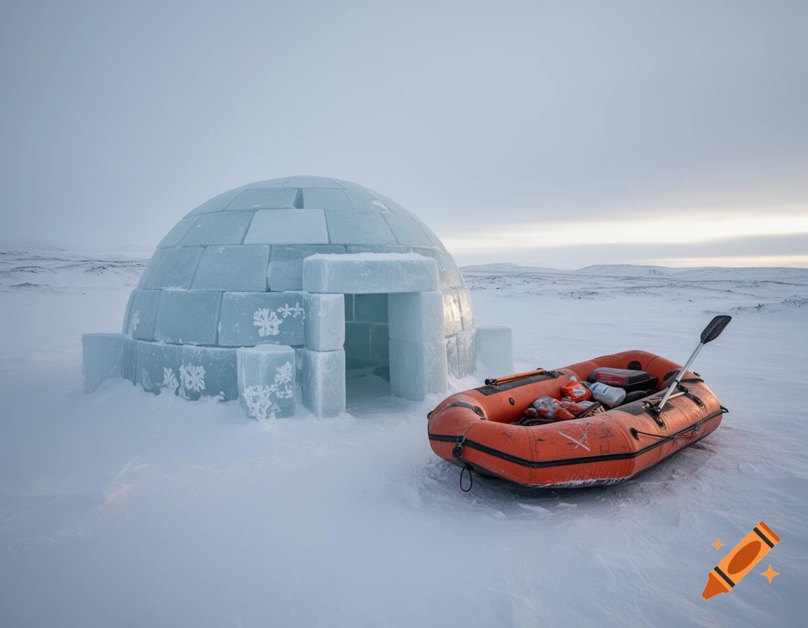 An igloo made of ice blocks with snowflake designs stands next to an orange inflatable life raft in a vast, snowy arctic landscape.