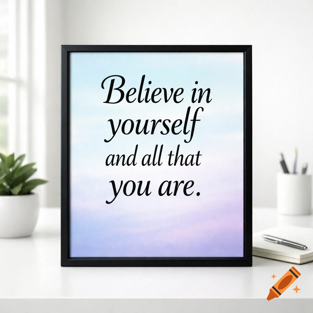 A black framed print with the quote 'Believe in yourself and all that you are' on a light blue and purple gradient background, sitting on a white desk.