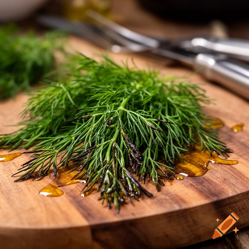 A close-up shot of fresh green dill sprigs with some appearing grilled, lying on a wooden cutting board with oil drops.