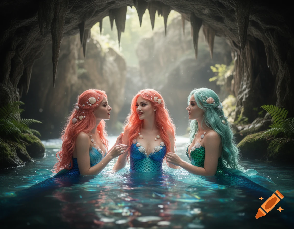 Three mermaids with colorful hair and seashell tops swim in a clear blue pool inside a mystical cave with stalactites.
