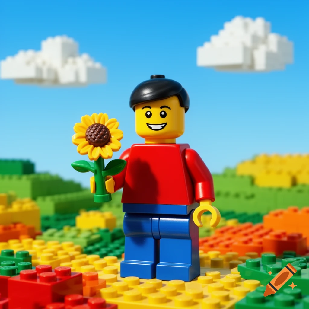 A Lego minifigure in a red shirt and blue pants holds a yellow sunflower against a blue sky with block clouds and a colorful Lego landscape.