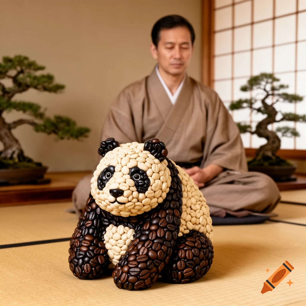 A panda figurine crafted from coffee beans sits on a mat, with a meditating man and bonsai trees in a Japanese room.