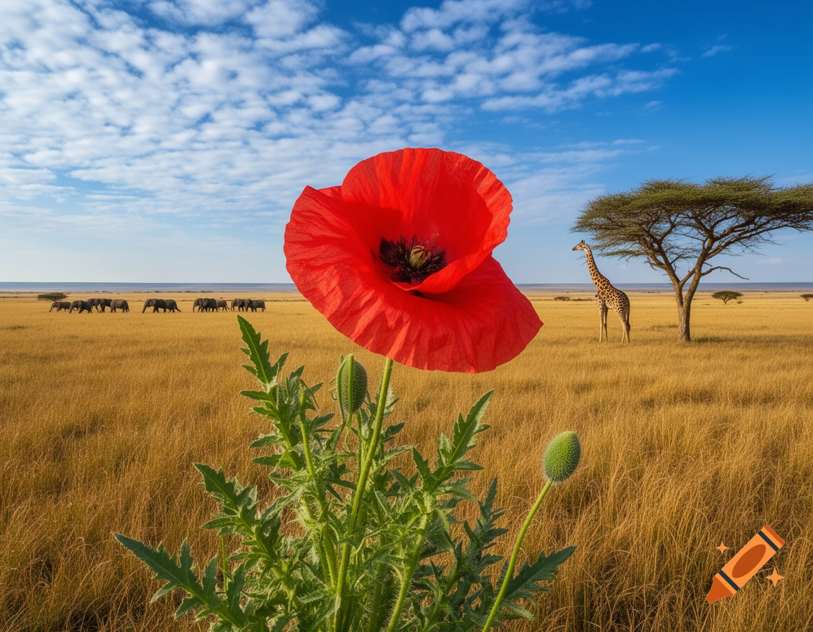 A giant red poppy dominates the foreground of a sunny African safari landscape with elephants in a line and a giraffe near an acacia tree.