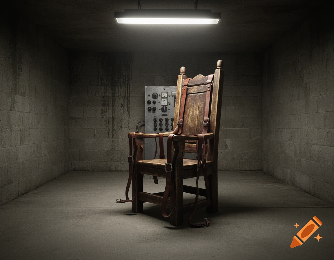A foreboding electric chair with leather straps sits in a stark, dimly lit concrete room, with a control panel behind it.