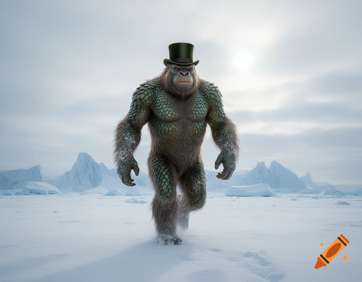 A photorealistic reptilian bigfoot wearing a green tophat walks across a snowy arctic landscape with icebergs under a bright sky.