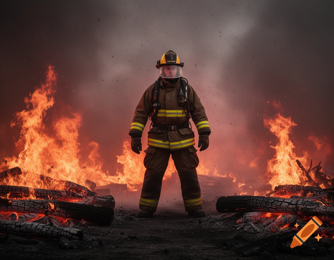 A lone firefighter stands stoically amidst a raging inferno, surrounded by intense flames, smoke, and burning logs.