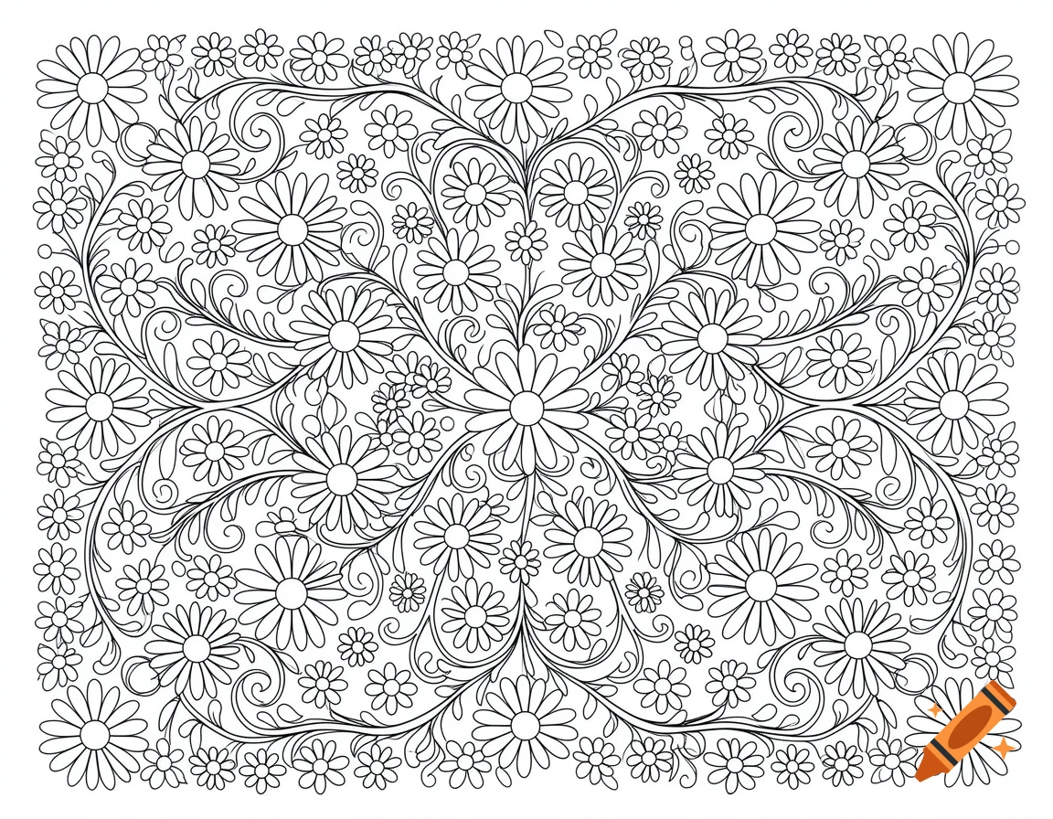 A highly detailed black and white coloring page featuring an intricate floral pattern with daisies and swirling vines.