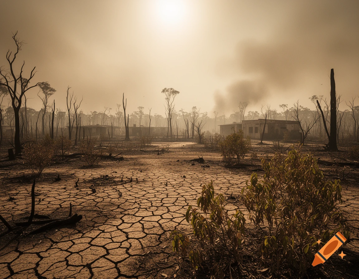 Scorched, cracked earth landscape with bare trees, ruined buildings, and smoke under a hazy sky, illustrating drought and fire devastation.
