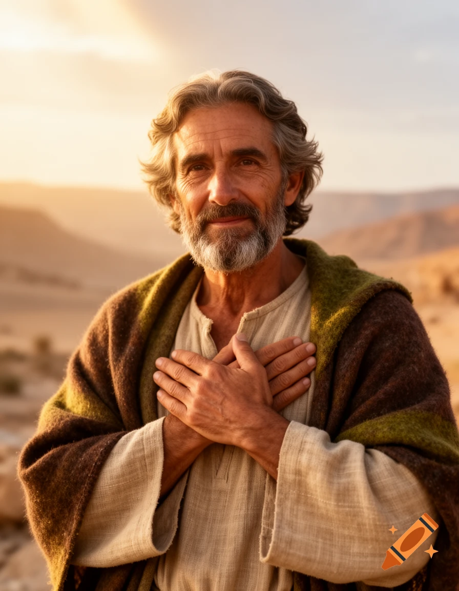 A photorealistic portrait of a bearded older man with crossed hands in a desert at sunset.