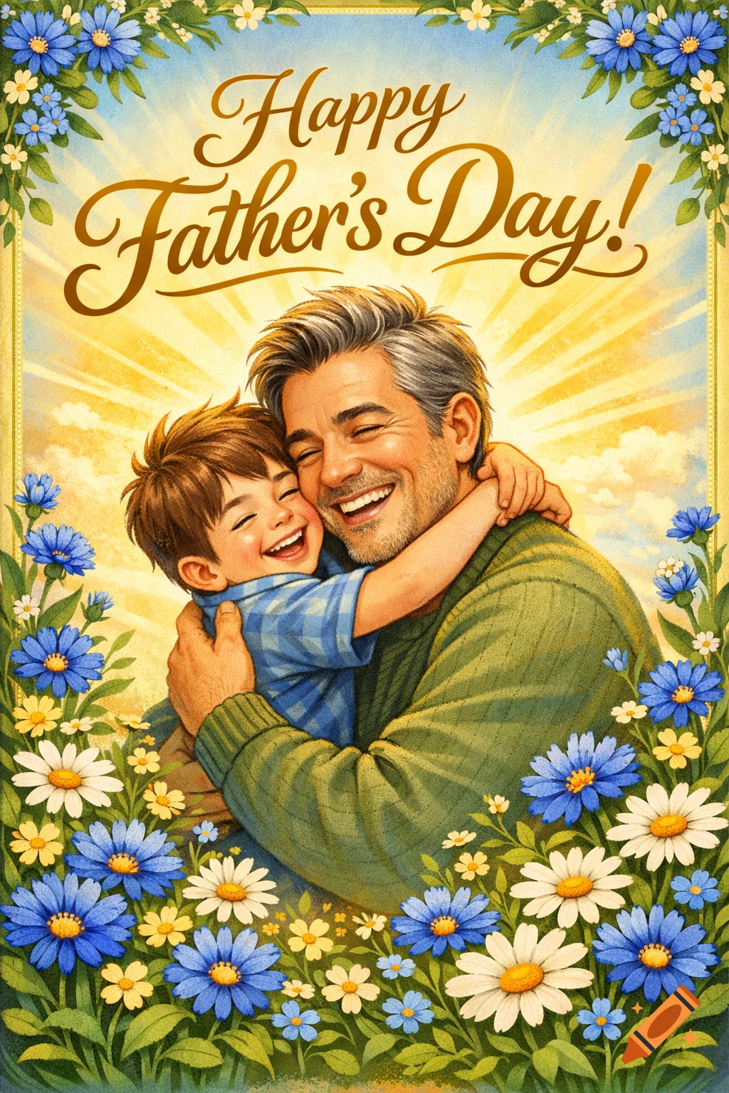 Illustration of a happy father and son hugging, surrounded by flowers, with "Happy Father's Day!" text.