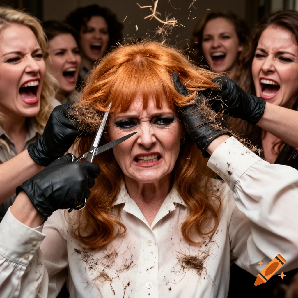 A red-haired woman with a grimace has her hair aggressively cut by two women in black gloves, while other women scream in the background.
