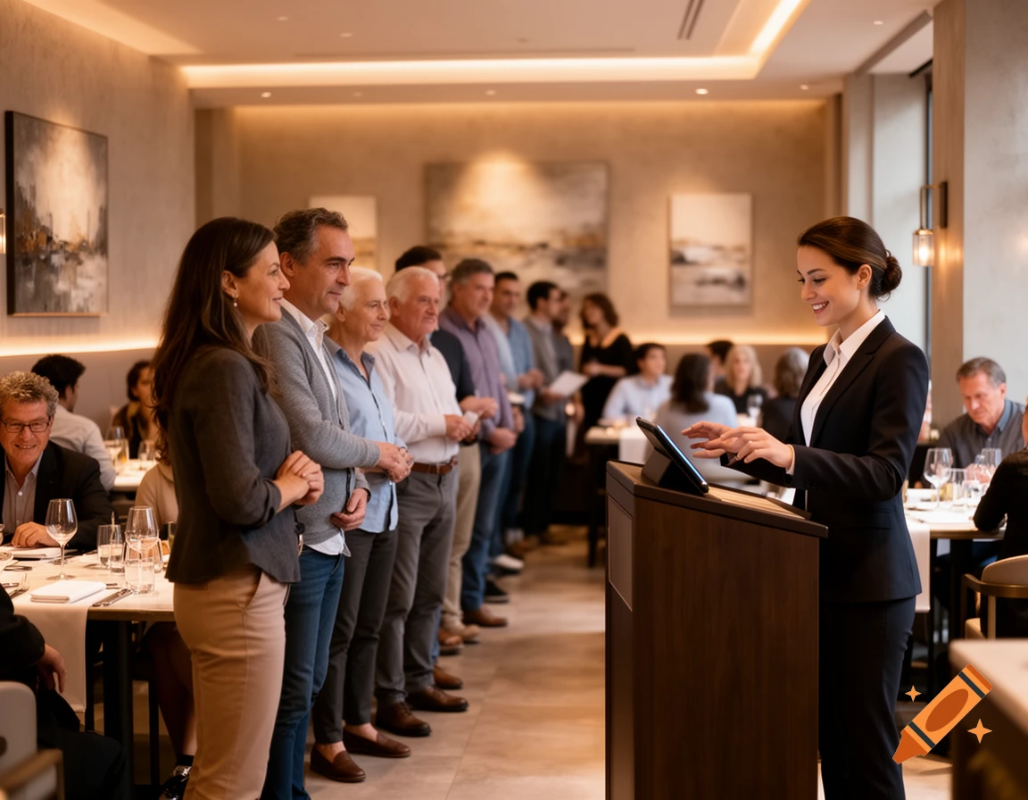 A smiling host at a podium interacts with a tablet while a line of people waits in a modern restaurant.