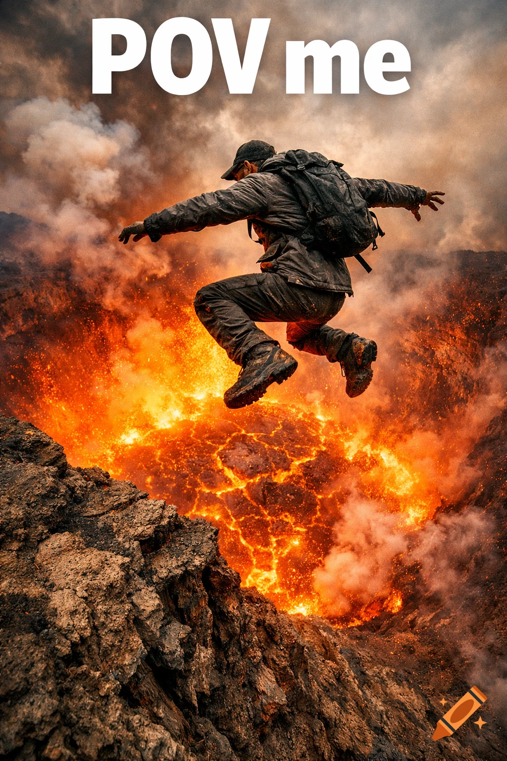 A man in hiking gear with a backpack leaps over the edge of a rocky cliff into a glowing, bubbling volcano crater, with text "POV me" above.