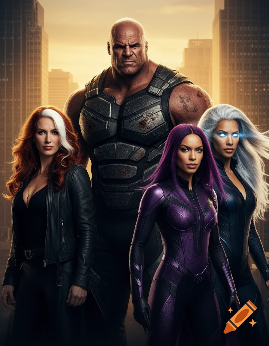 Four characters resembling X-Men heroes Juggernaut, Rogue, Psylocke, and Storm stand together in a city at sunset.