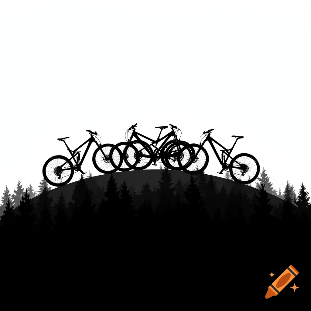 Black and white silhouette of several mountain bikes on a forest hill against a white sky.