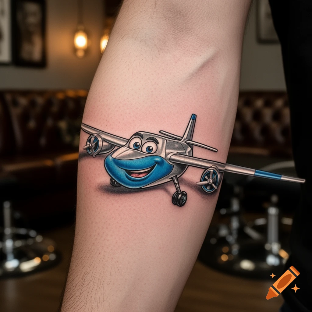 A colorful cartoon airplane tattoo with a smiling face on a person's arm.