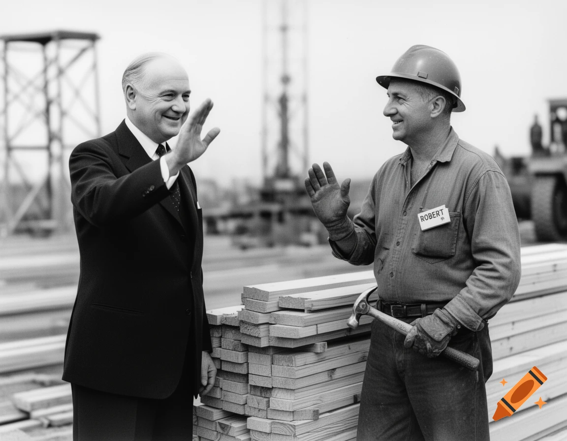 Black and white photo of a man in a suit waving to a construction worker with a hard hat and 'ROBERT' name tag, holding a hammer.