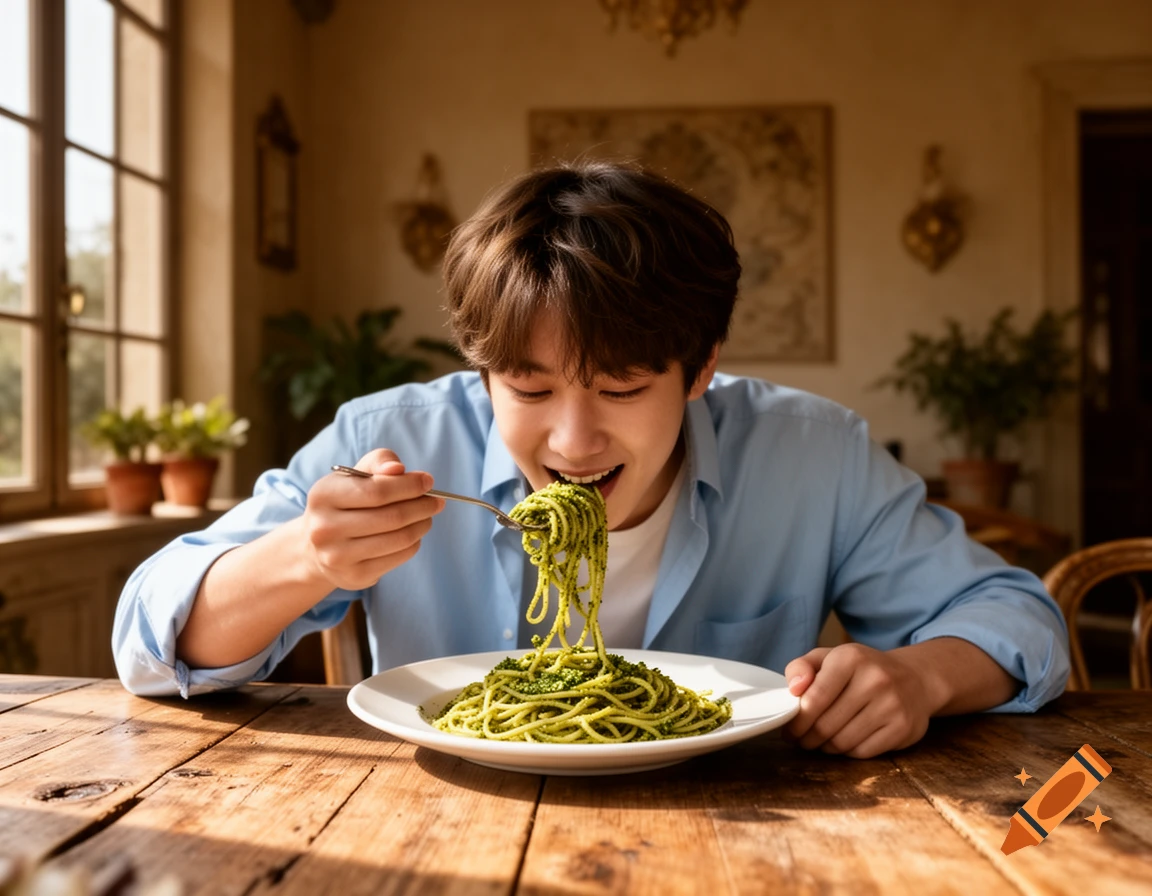 A young man happily eats green pesto spaghetti with a fork at a rustic wooden table in a sunlit room.