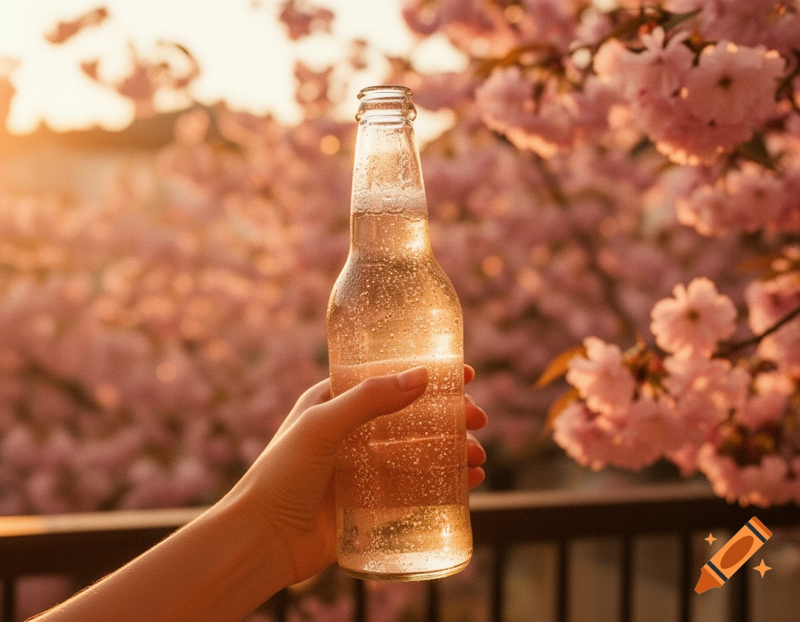A hand holds a sparkling drink bottle, backlit by golden hour sunlight and soft pink cherry blossoms.