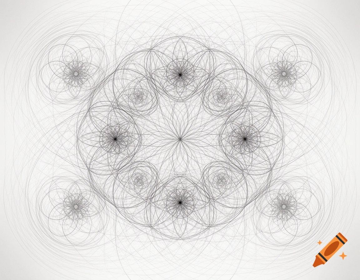 Intricate black line art forming a complex geometric pattern of overlapping circles on a white background.