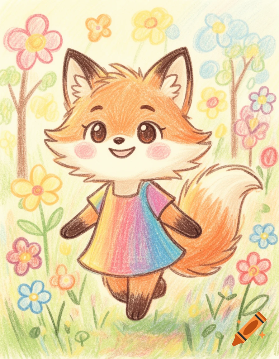 A smiling cartoon fox girl in a rainbow dress, drawn in a crayon style, stands in a field of colorful flowers.