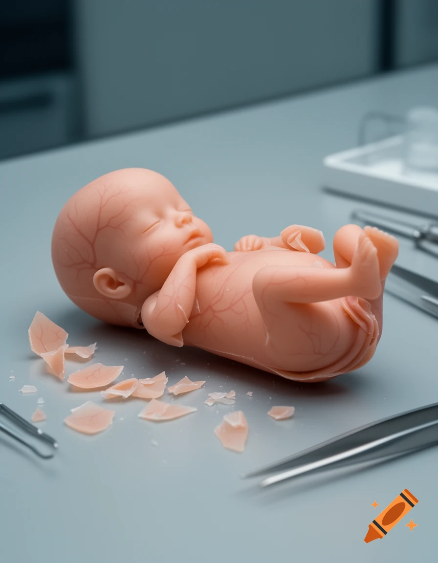 Photorealistic image of a fetus model lying on a grey surface, surrounded by broken shell pieces and surgical tweezers.