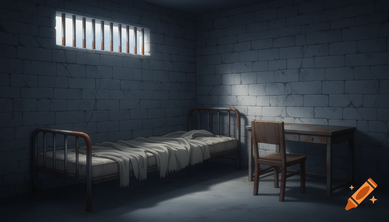Anime-style drawing of a dark, empty prison cell with a bed, table, chair, and a barred window letting in light.