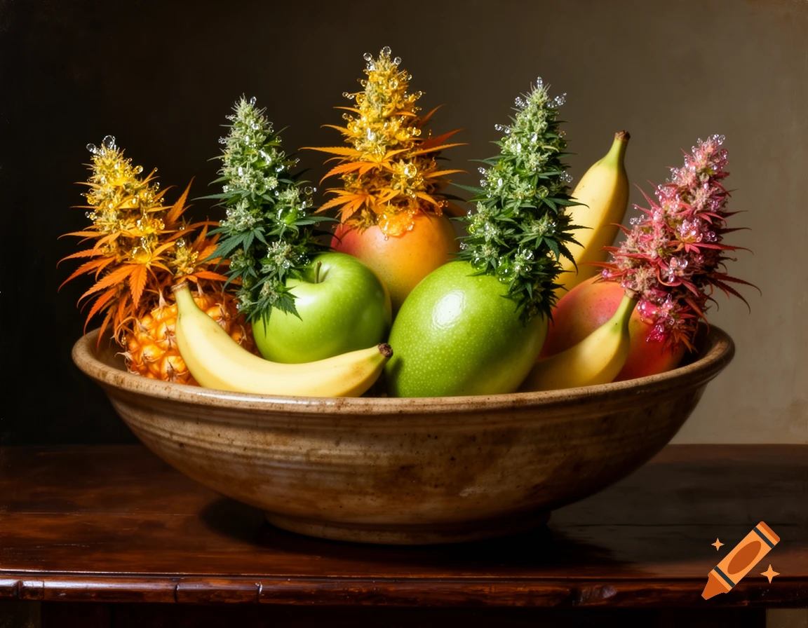 A photorealistic Dutch Master-style still life of a ceramic bowl filled with fruits hybridized with cannabis buds.