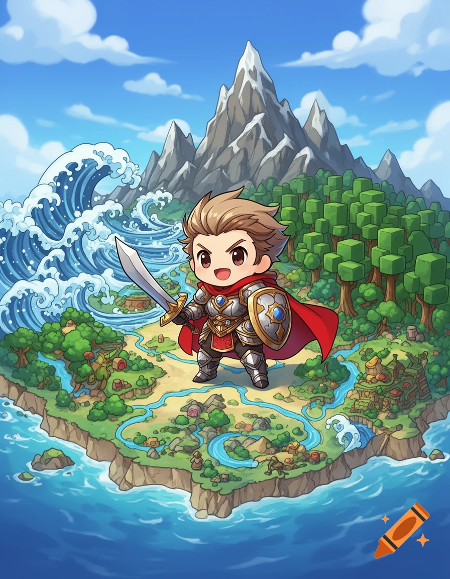 A cheerful chibi knight in red cloak and armor stands on a vibrant fantasy island map with mountains and ocean.