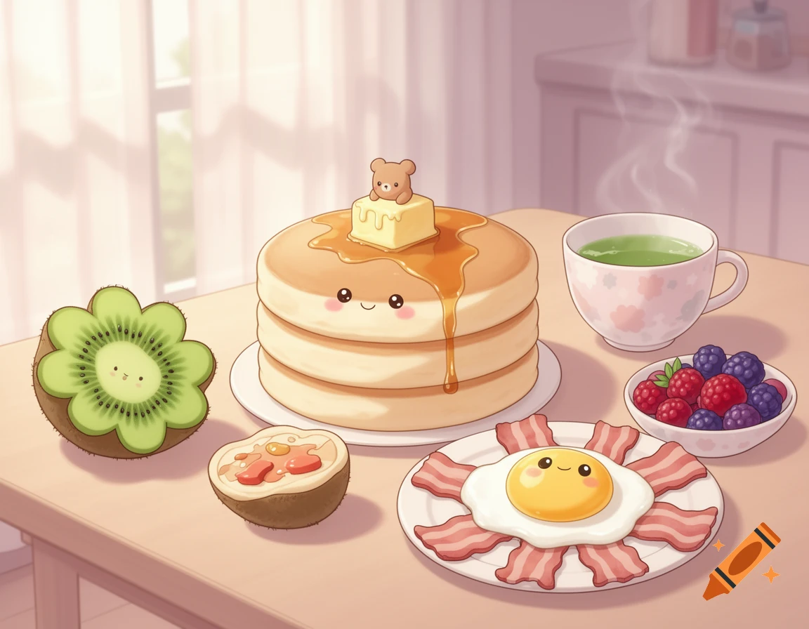 Cute illustrated breakfast with smiling pancakes, a sunny-side-up egg with bacon petals, a flower-shaped kiwi, berries, and tea on a table.