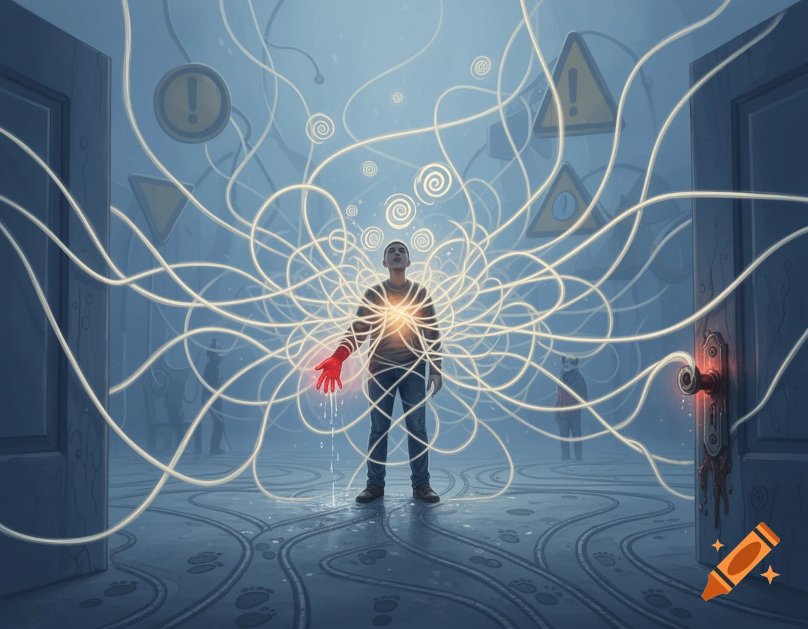 Semi-realistic digital art of a man entangled in glowing strings, with a red dripping hand, surrounded by warning symbols in a surreal room.