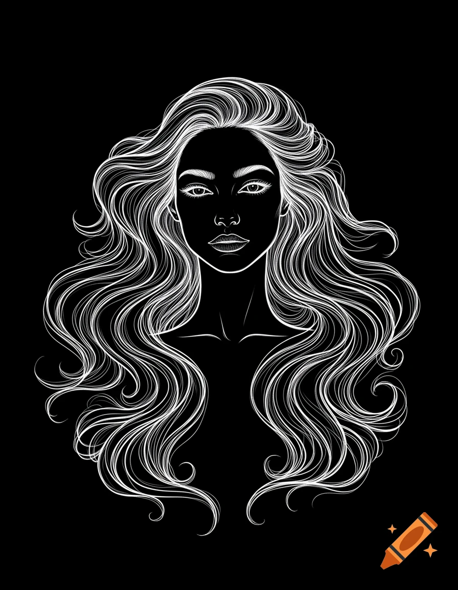 Black and white line art portrait of a woman with long, flowing wavy ...