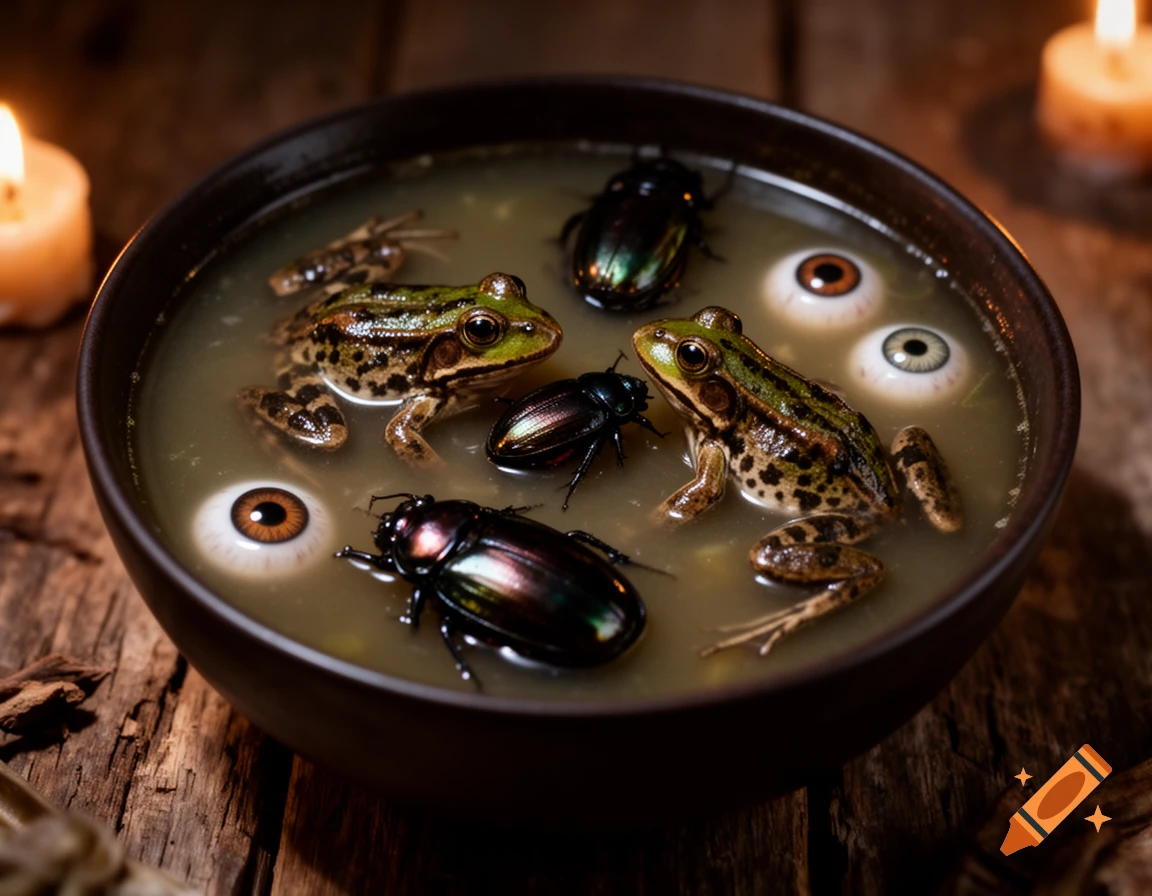 A dark bowl of murky soup with two frogs, three beetles, and three human-like eyeballs floating in it, on a wooden table with candles.