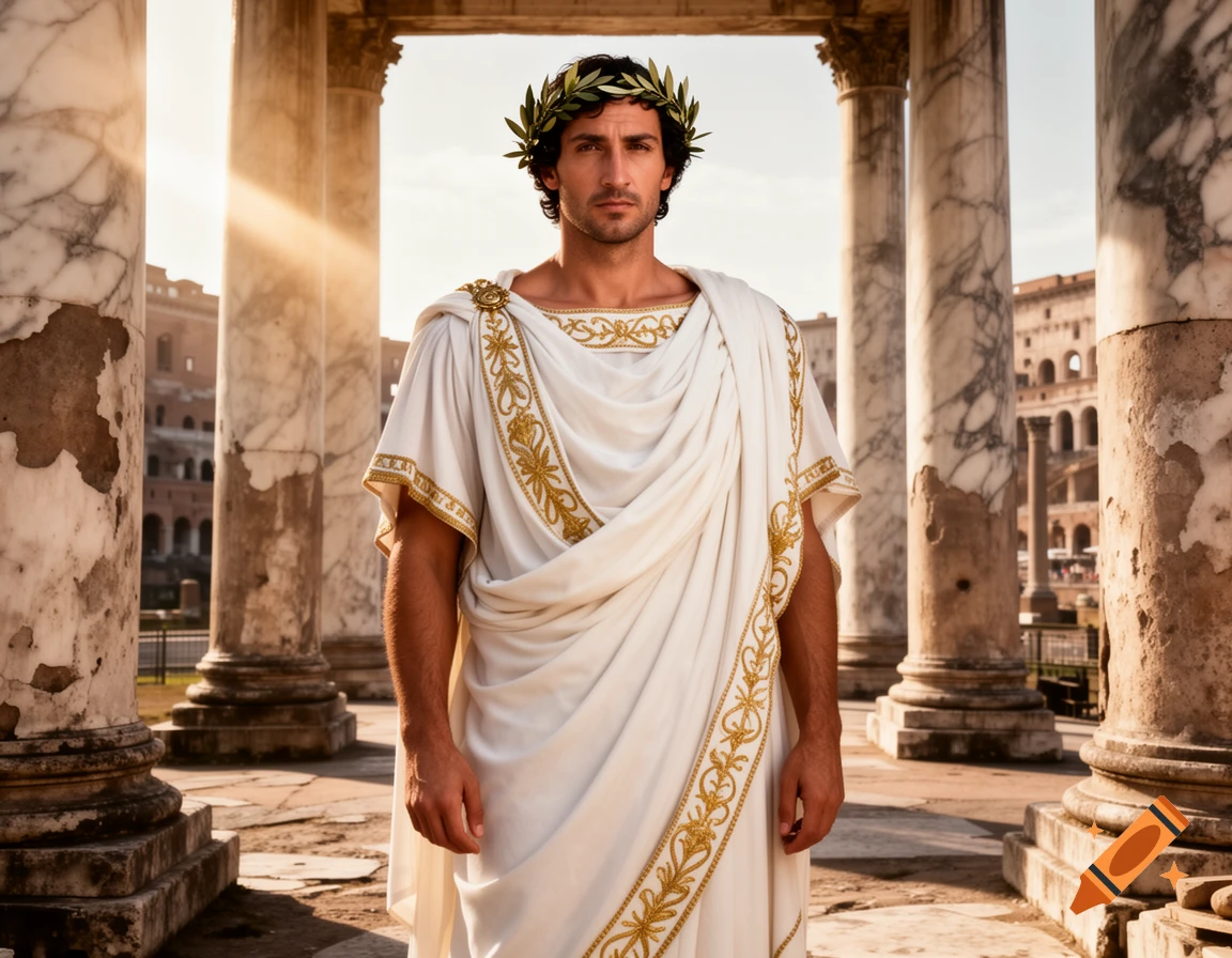 Photorealistic portrait of a man in Roman emperor attire with a laurel wreath, standing amidst ancient columns with the Colosseum visible.