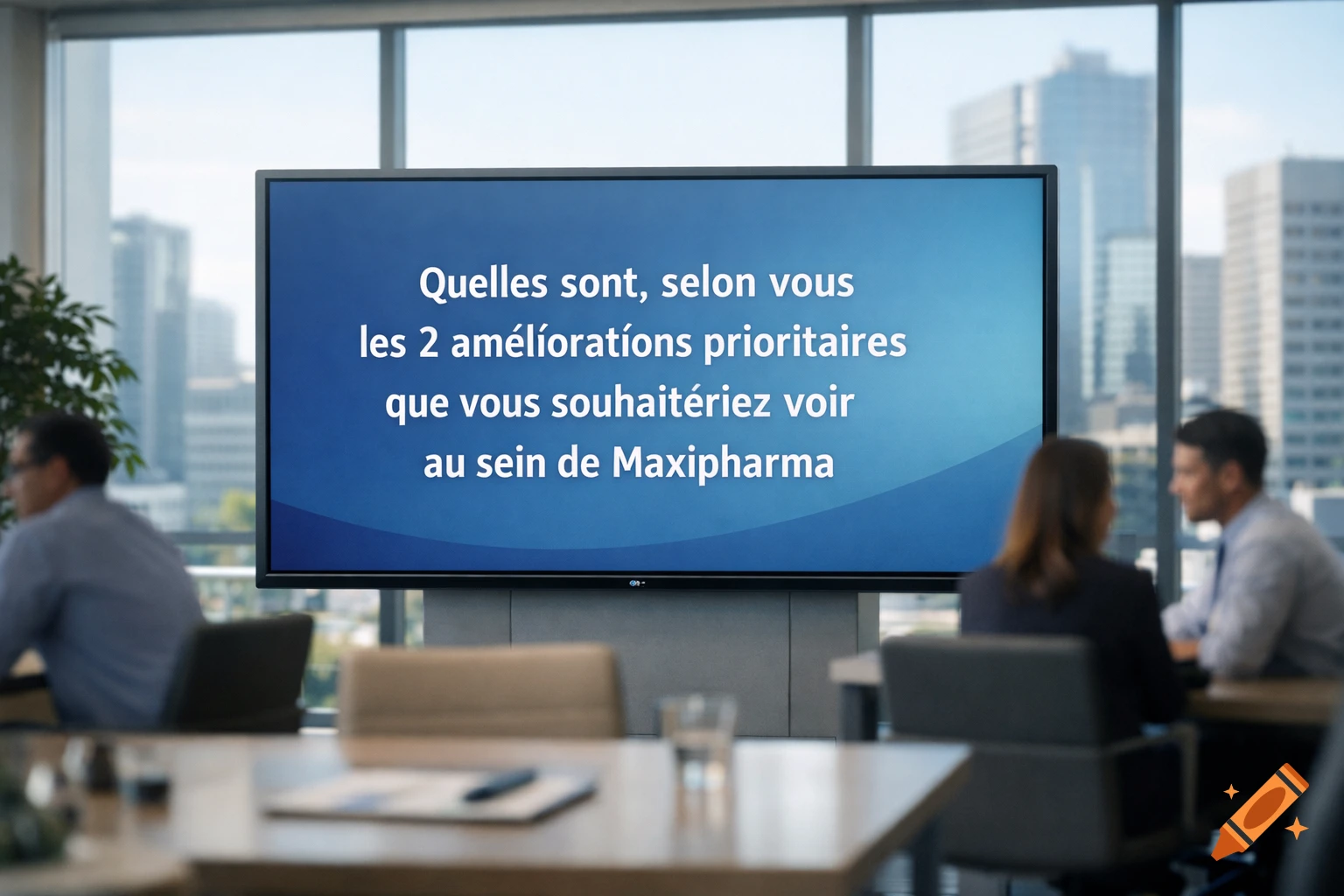 A photorealistic image of a business meeting with a large screen displaying a question in French, set in a modern office with a city view.